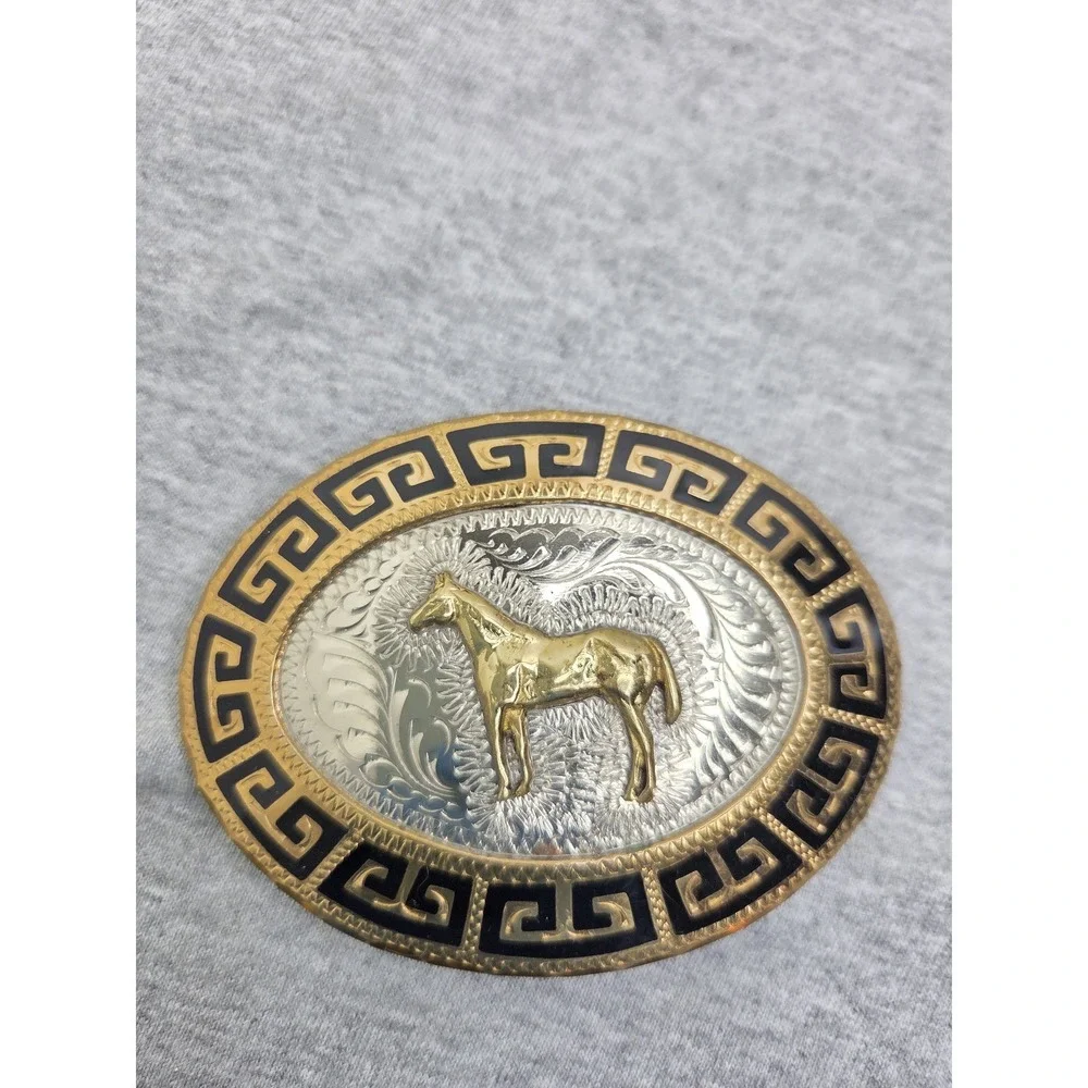 Vintage Handmade DT Stallion Rodeo Southwest Black Enamel Solid Belt Buckle Men